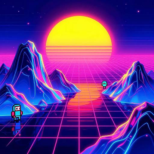 Neon digital art of glowing mountains at sunset, vibrant pink and purple grid, retro video game style, bright yellow sun, small game character icons.