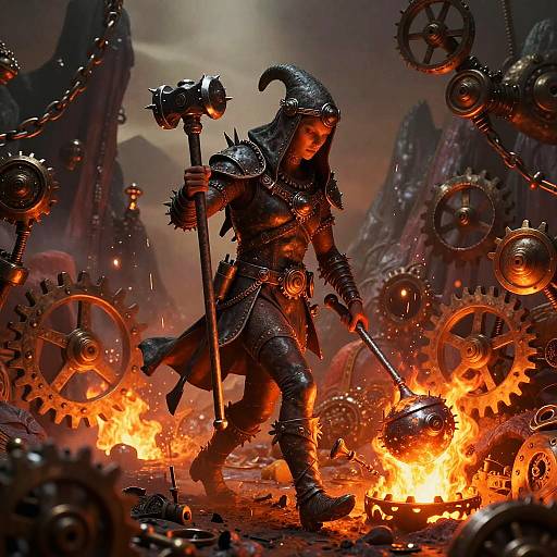 Digital artwork of a dark armored warrior with a horned helmet, wielding a spiked mallet, amidst fiery gears and mountainous ruins.