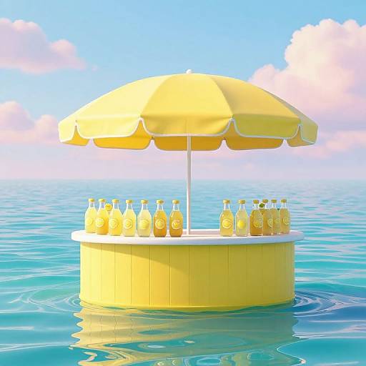 Bright yellow beach bar in the ocean, with a large umbrella shading bottles of lemonade, under a sunny blue sky.
