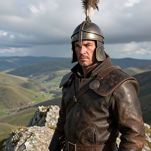 Medieval warrior with metal helmet and feather, brown leather armor, standing on rocky cliff, overlooking green mountain landscape under cloudy sky. Photograph.