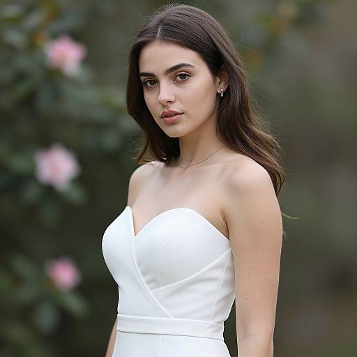 Photograph of a young woman with long dark hair, wearing a strapless white dress, standing outdoors against a blurred green and pink floral background.