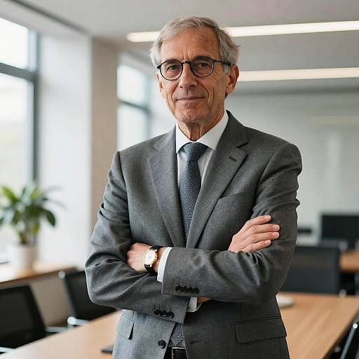 Photograph of an elderly man with gray hair and glasses, wearing a gray suit, white shirt, and black tie, standing with arms crossed in a