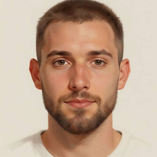 Digital portrait of a young, white man with short brown hair, trimmed beard, brown eyes, and a neutral expression, wearing a white shirt, against