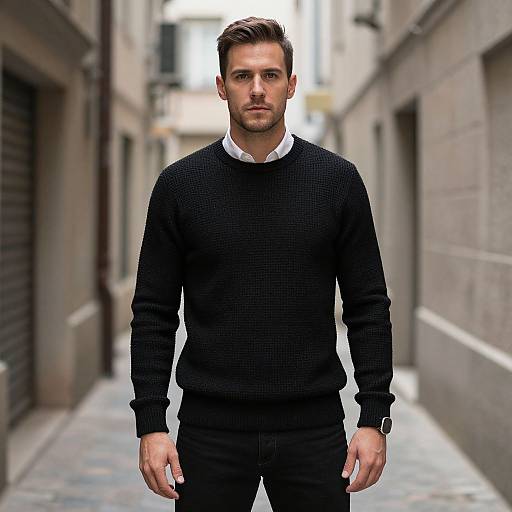 Photograph of a handsome, serious-looking young man with short brown hair, wearing a black knit sweater over a white shirt, standing in a narrow,
