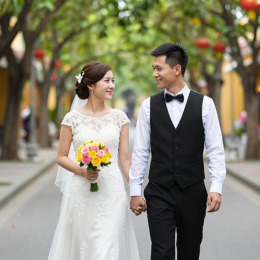Photograph of an Asian bride in a white lace dress and groom in a black vest and bow tie, smiling and holding hands while walking down a tree