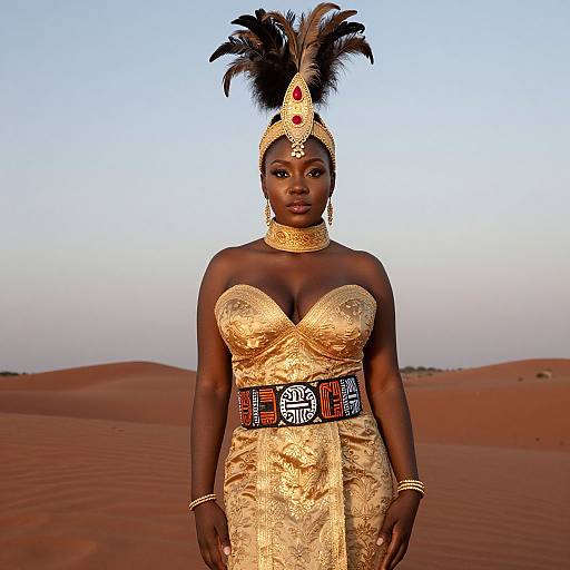 Photograph of a dark-skinned African woman in an ornate gold dress with a feathered headpiece, standing in a desert with sand dunes