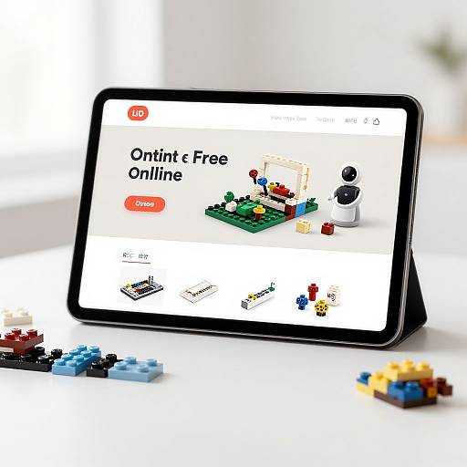 Photograph of a black tablet displaying an online LEGO store with 