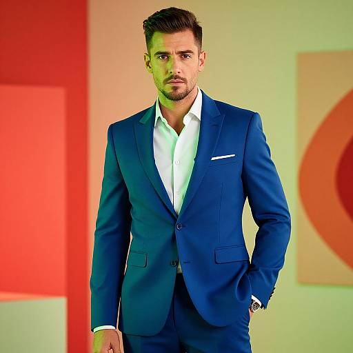 Photograph of a handsome, bearded man with short dark hair in a sharp blue suit, white shirt, and pocket square, standing confidently against a