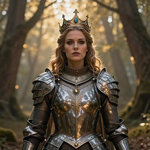 Photograph-style digital artwork of a blonde, fair-skinned queen in shining silver armor and a jeweled crown, standing in a sunlit, mist