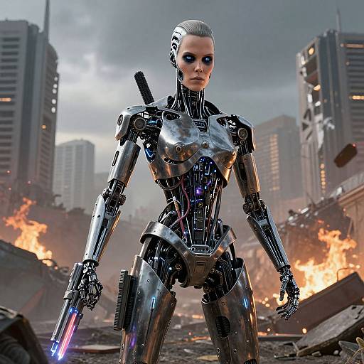 Photorealistic CGI of a sleek, black robotic woman with glowing blue eyes, holding a glowing sword, standing amidst a war-torn, burning city
