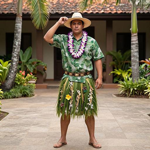 Photograph of a tan-skinned man in a tropical outfit: green shirt, grass skirt with flowers, purple lei, straw hat, standing on a