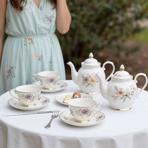 Photograph of a woman in a light blue floral dress standing behind a white table set with floral teacups, saucers, a teapot