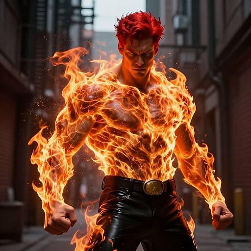 Photorealistic digital artwork of a muscular man with red hair, engulfed in fiery flames, wearing black leather pants, standing in a narrow urban alley