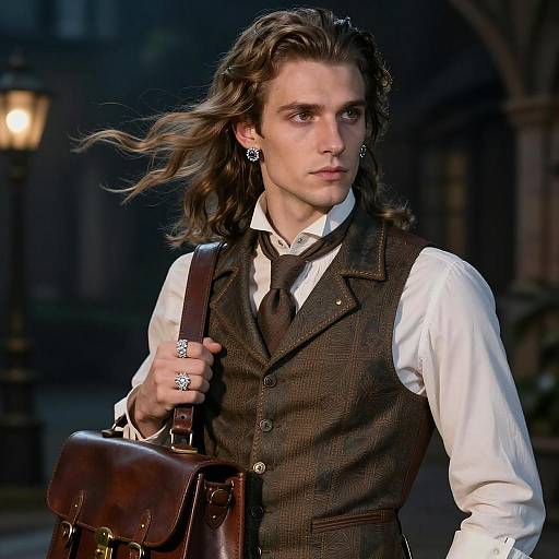 Photograph of a handsome, long-haired man with wavy brown hair, wearing a white shirt, brown vest, black tie, and carrying a brown