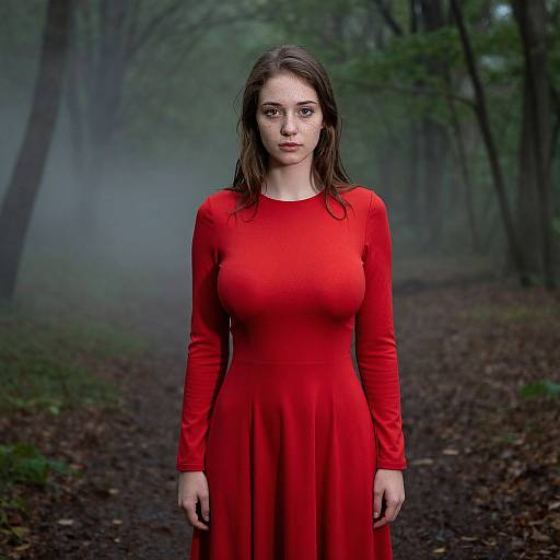 Photograph of a young woman with wet brown hair, wearing a form-fitting red dress, standing in a misty, dark forest path.