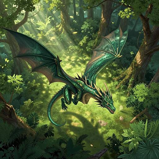 Digital fantasy artwork of a green, winged dragon with black spines soaring through a sunlit, dense forest with dappled light.