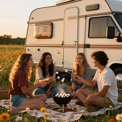 Photograph of four young adults with curly hair, sitting on a blanket around a campfire, laughing and chatting in a sunlit meadow in front