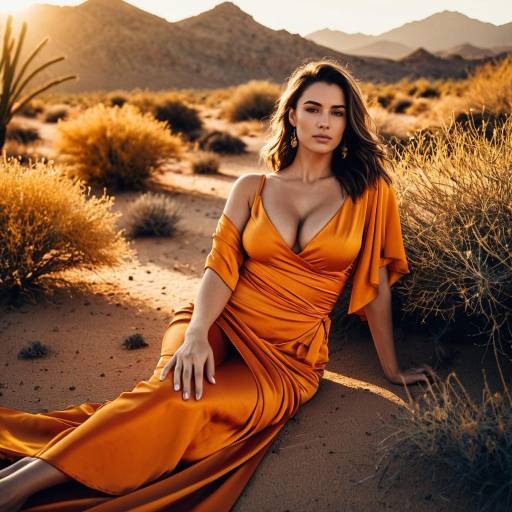 Glamorous Woman in Orange Dress Reclining in Desert