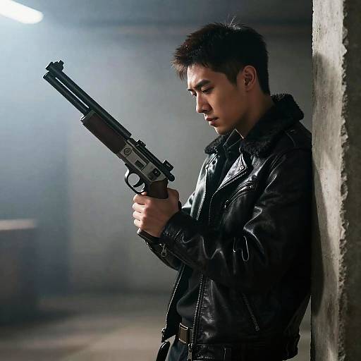 Industrial Man with Gun in Shadows