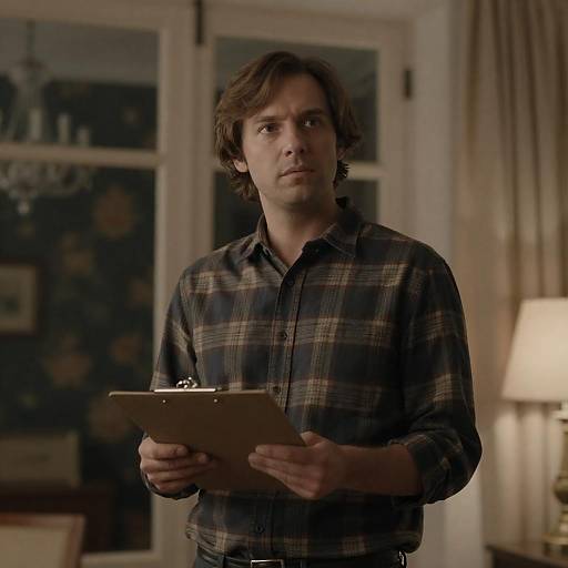 Man with Clipboard in Dimly Lit Room