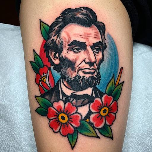 Colorful tattoo of a bearded man with dark hair, black suit, surrounded by red flowers and green leaves on arm.