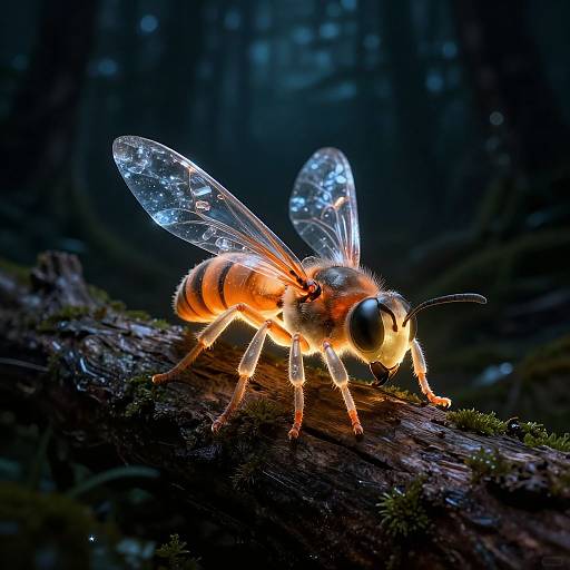 Close-up photograph of a glowing, iridescent fly with translucent wings, perched on a mossy, dark forest log at night.
