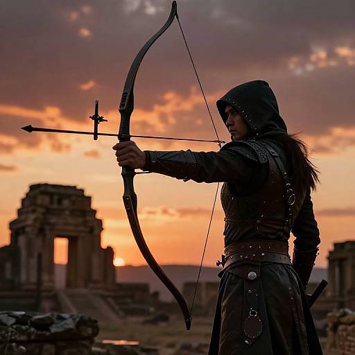 Silhouetted archer in dark hooded leather attire, drawing bow at sunset against ancient ruins, with vibrant orange and purple sky.