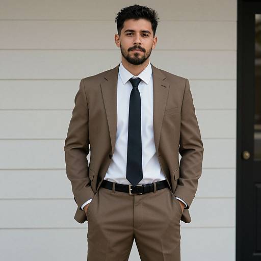 Photograph of a handsome, bearded man with short black hair, wearing a brown suit, white shirt, black tie, and black belt, standing