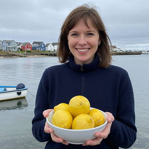 Smiling Woman with Lemons by Waterfront
