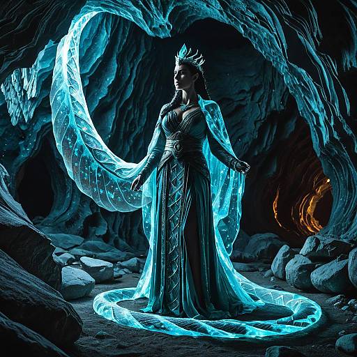 Ancient Serpent Queen in Bioluminescent Crystal Cave