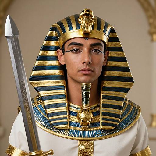 Photograph of a young man in ancient Egyptian pharaoh attire, wearing a striped black and gold nemes headdress, white robe, and holding a