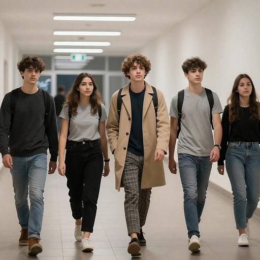 Fluorescent Hallway Young Friends Walking