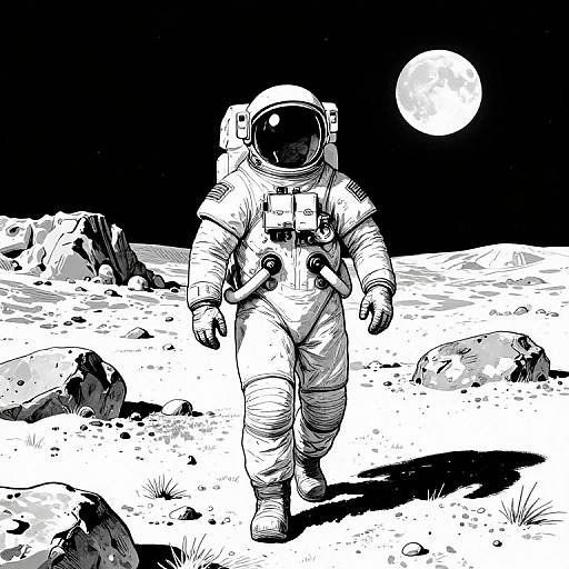 Black-and-white illustration of an astronaut in a bulky spacesuit walking on a rocky, moonlit lunar surface with a full moon in the dark sky.