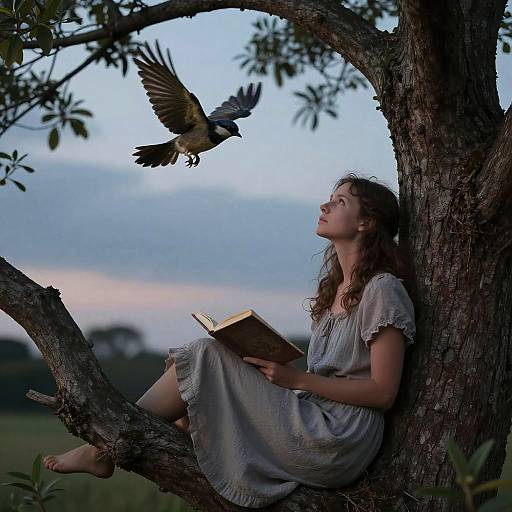Woman Reading in Twilight Tree