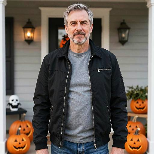 Man Standing by Halloween Pumpkins