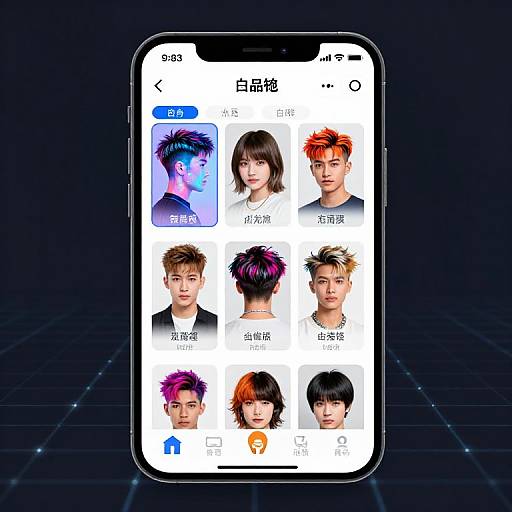 Photograph of a smartphone screen displaying a grid of nine colorful anime-style character portraits against a dark, grid-patterned background.