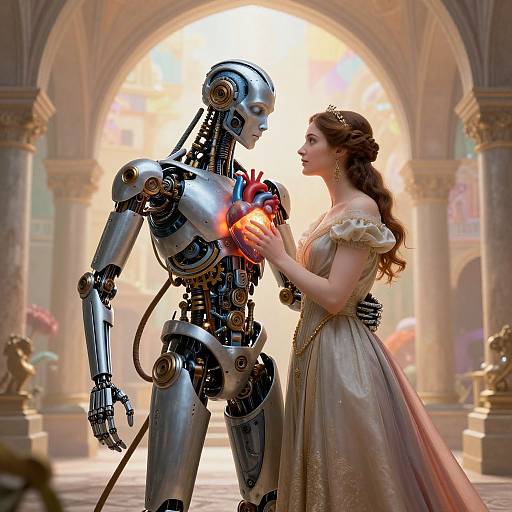 Photorealistic CGI of a human-like robot and a fair-skinned woman in a golden gown touching hearts in a grand, sunlit cathedral.