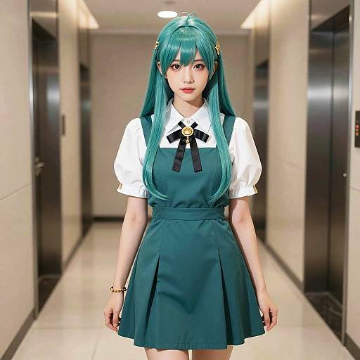 Chic Anime Woman in Teal Outfit