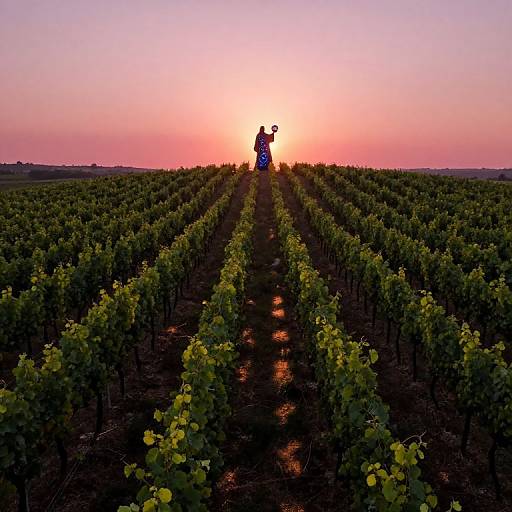 Photograph of a silhouetted person holding a blue bag standing in a vineyard at sunset, with rows of green vines leading to the horizon