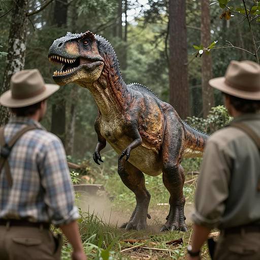 Dinosaur Encounter in Forest with Two Men