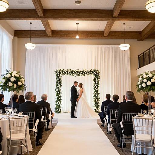 Photograph of a wedding ceremony: Bride in white gown, groom in black tuxedo, standing at floral arch, guests seated in chairs.