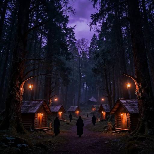 Photograph: Dark, twilight forest with wooden cabins lit by warm lanterns, silhouetted figures walking on a dirt path, towering trees,