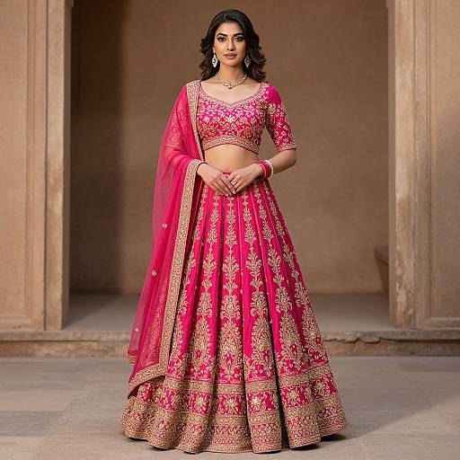 Photograph of an Indian woman with dark hair in a pink and gold traditional lehenga choli, standing in a stone archway, wearing gold jewelry