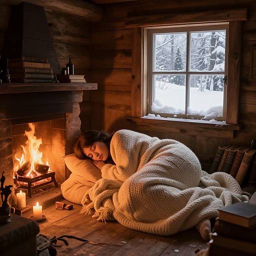 Cozy photograph of a woman in a thick cream knit blanket, sleeping by a lit fireplace in a wooden cabin, with snow-covered forest visible through the