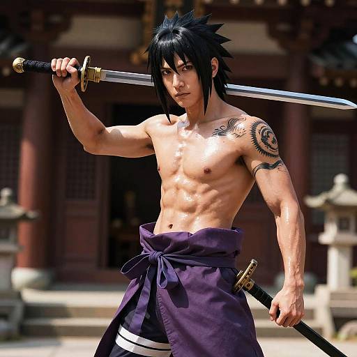 Digital anime-style drawing of a muscular, shirtless young man with black spiky hair, holding a katana. He has a tattoo on his left