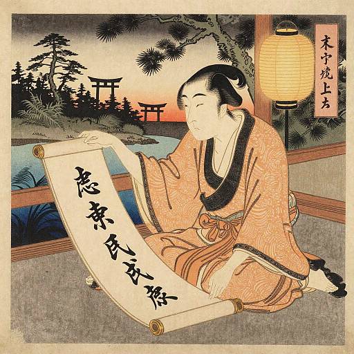 Traditional Japanese woodblock print: serene woman in orange kimono, writing scroll by lantern, sunset view, torii gate in background.
