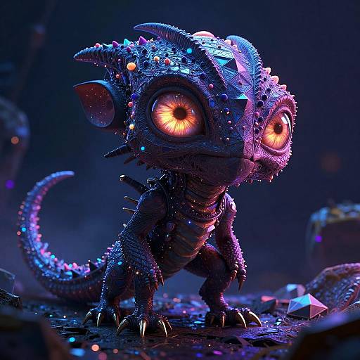 CGI fantasy creature with glowing orange eyes, blue-purple scaly texture, spiked back, and large ears, standing on a dark, glowing, crystall