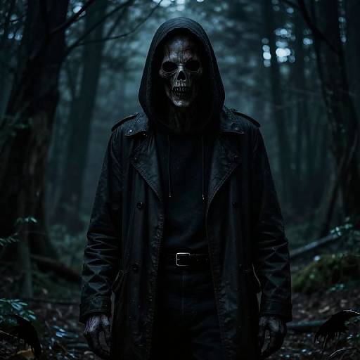 Photograph of a hooded figure with a skull-like face in a dark forest, wearing a black coat and hood, under blue moonlight.