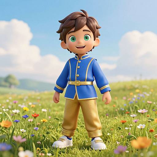 CGI image of a cute, young boy with green eyes, brown hair, wearing a blue and gold military-style jacket and beige pants, standing in