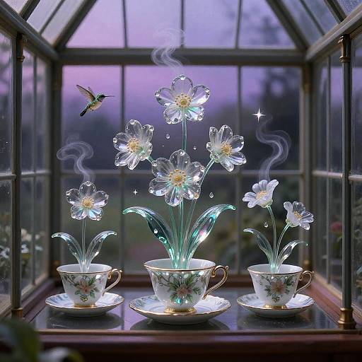 Victorian Teacup Glass Garden at Twilight